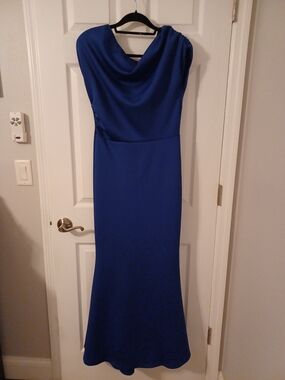 OYS Elegant Cowl Neck Royal Blue Evening Dress